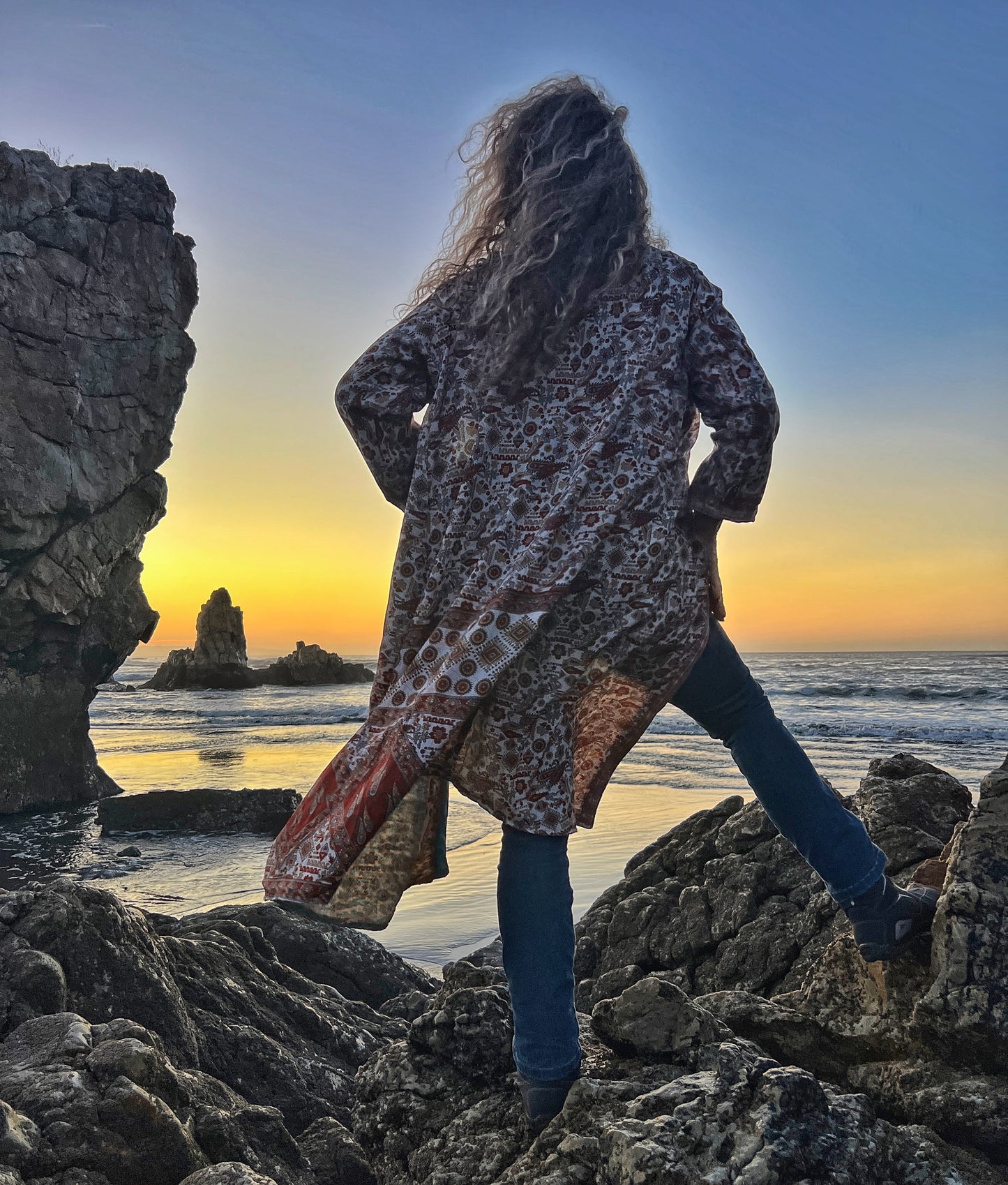 Kimono reversible largo de seda reciclada Cancun