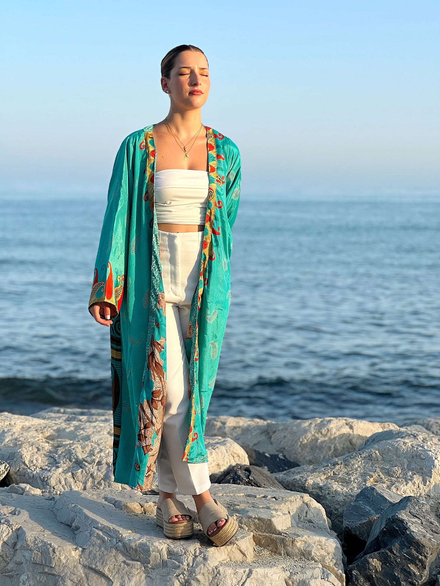 1 Kimono reversible de seda reciclada, XL Agua