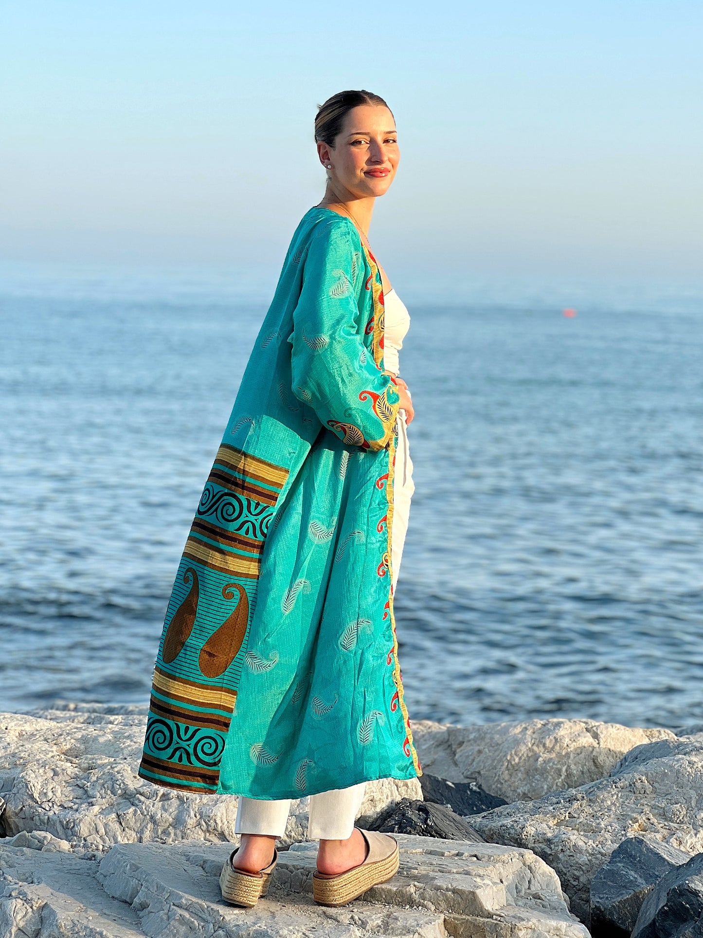 1 Kimono reversible de seda reciclada, XL Agua