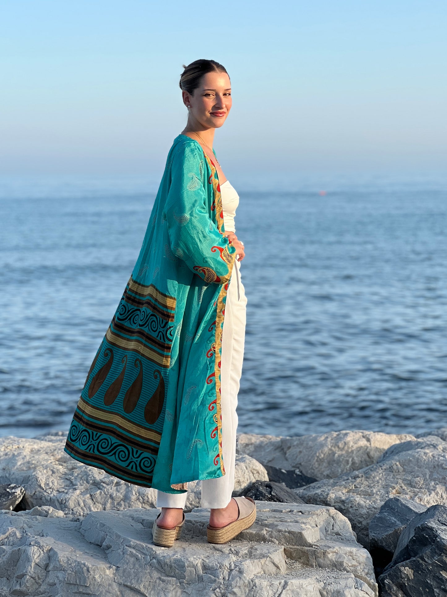 1 Kimono reversible de seda reciclada, XL Agua