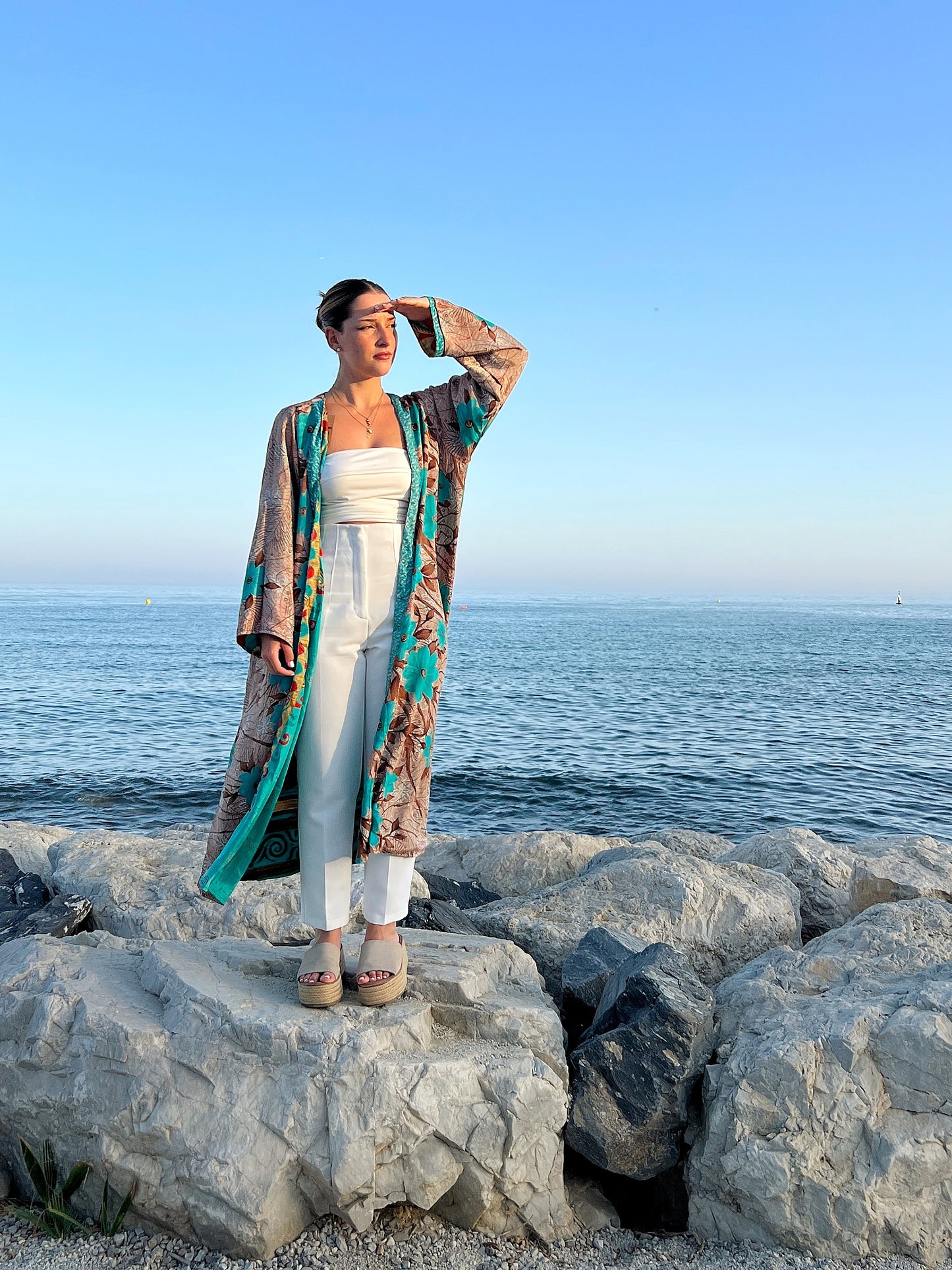1 Kimono reversible de seda reciclada, XL Agua