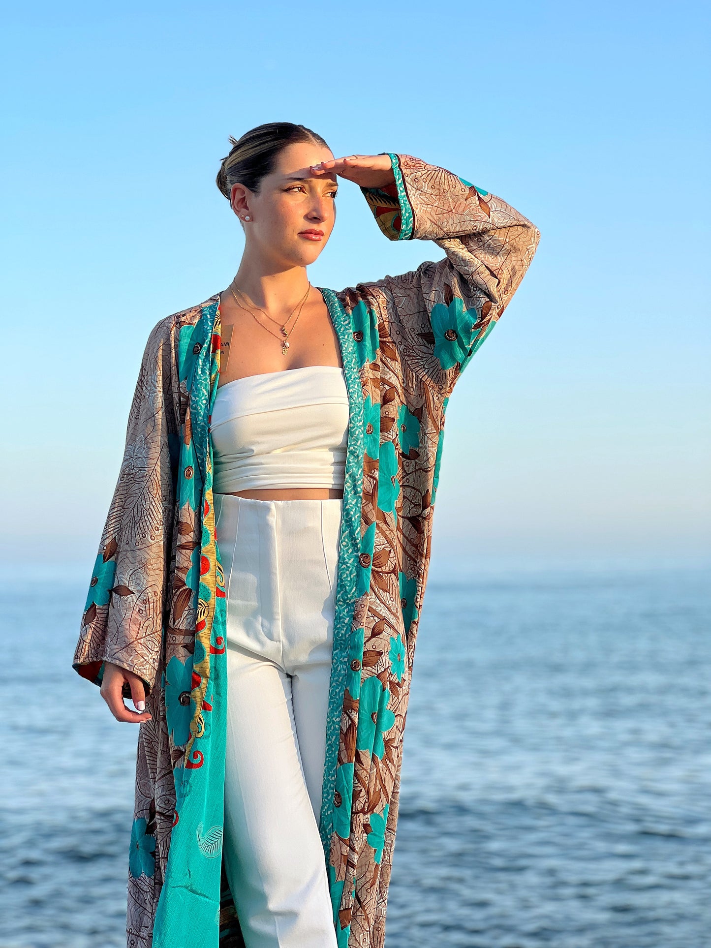 1 Kimono reversible de seda reciclada, XL Agua