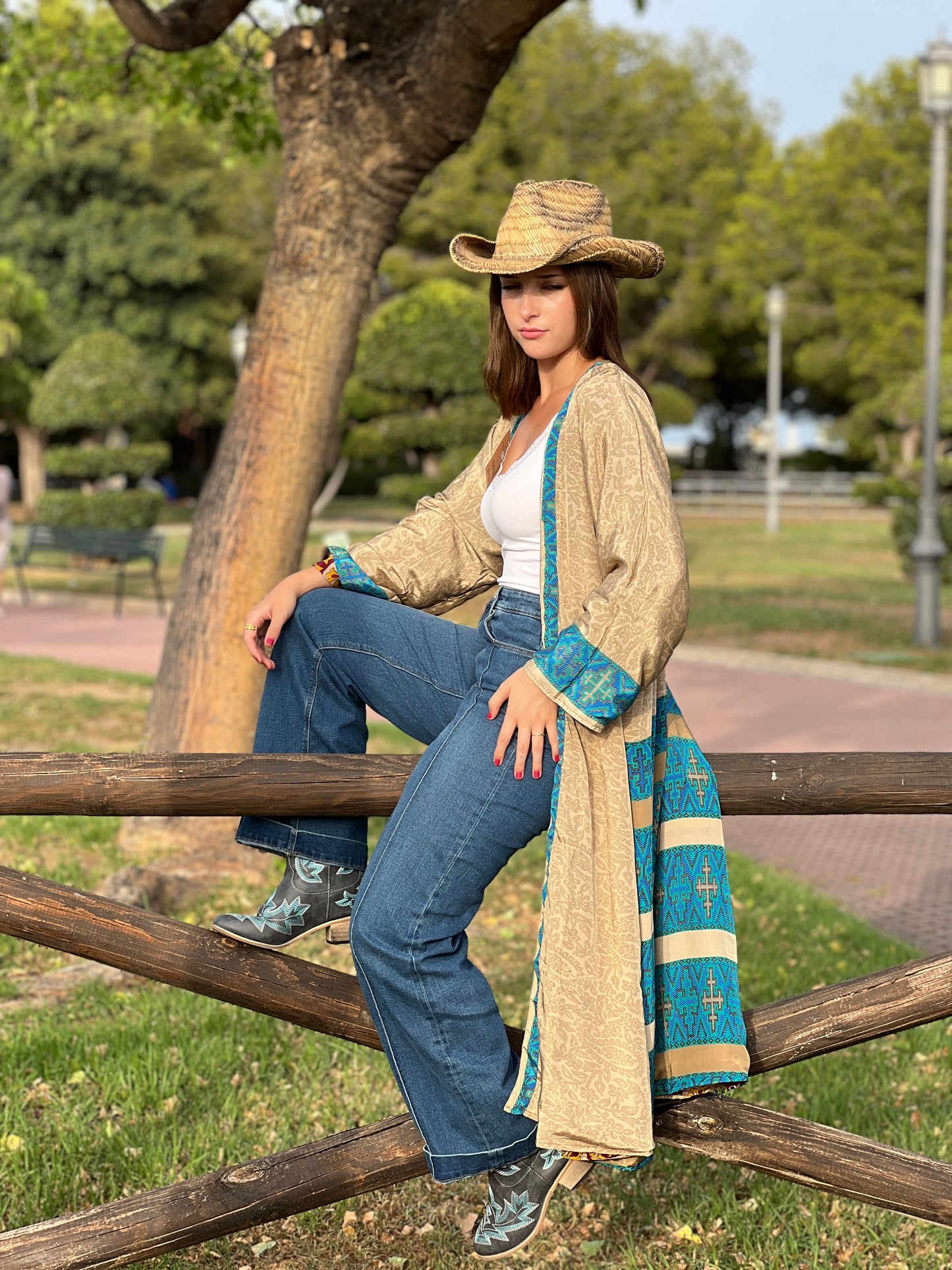 1 Kimono reversible de seda reciclada, XL Cowboy