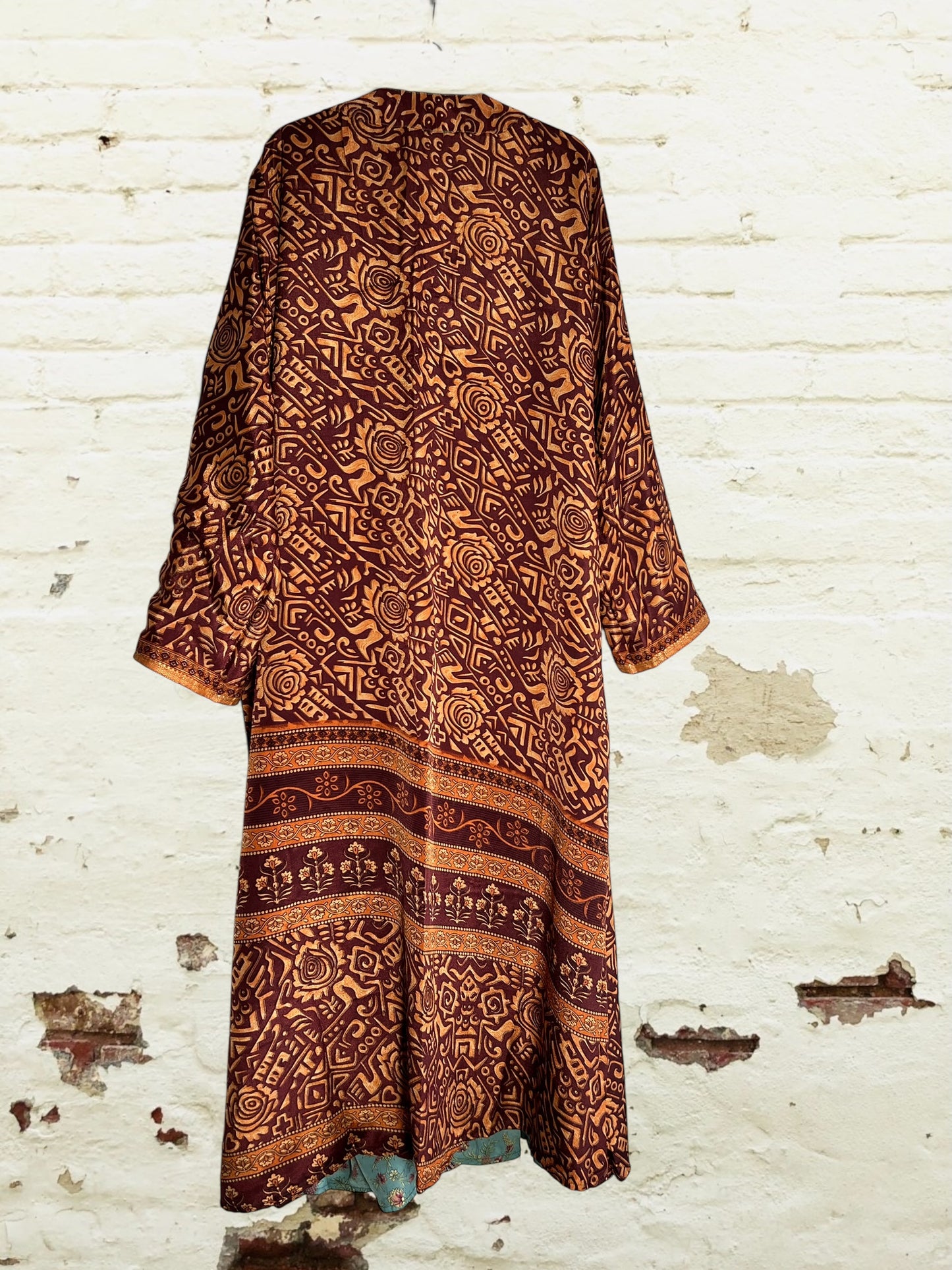 Kimono reversible largo de seda reciclada Cielo
