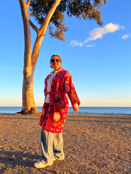 1 Kimono abrigo de algodón bordado