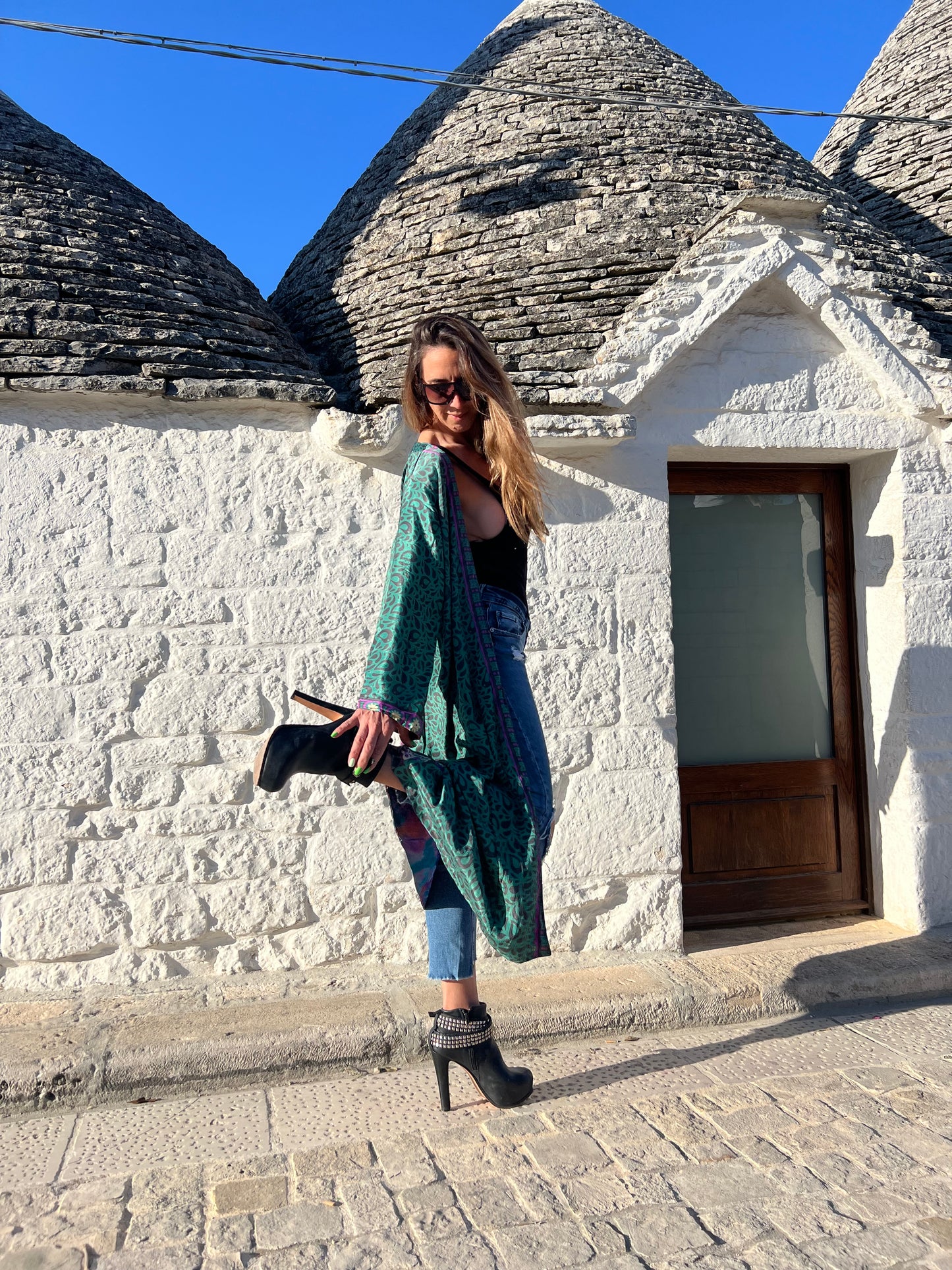 Kimono reversible largo de seda reciclada Italia