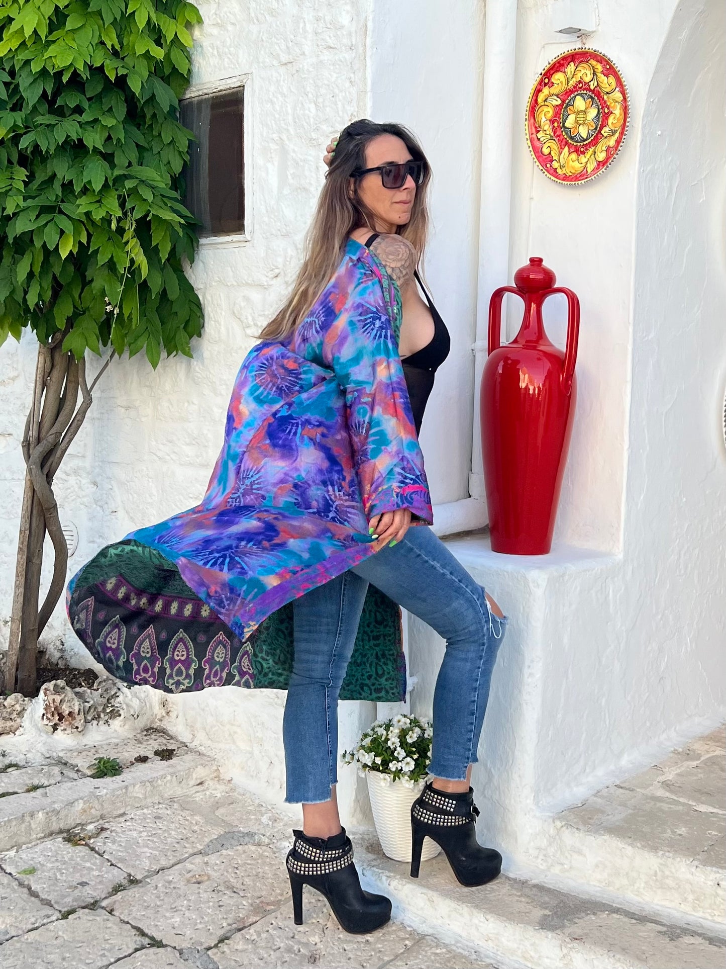 Kimono reversible largo de seda reciclada Italia