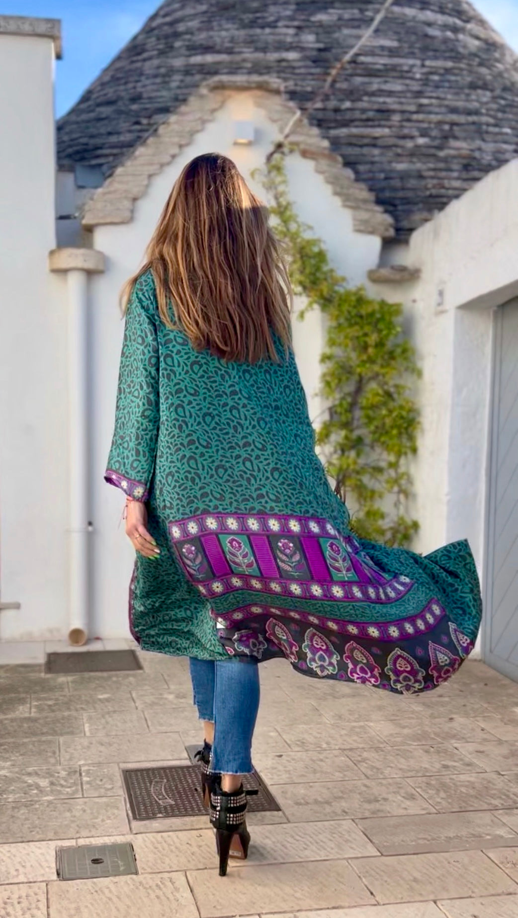 Kimono reversible largo de seda reciclada Italia