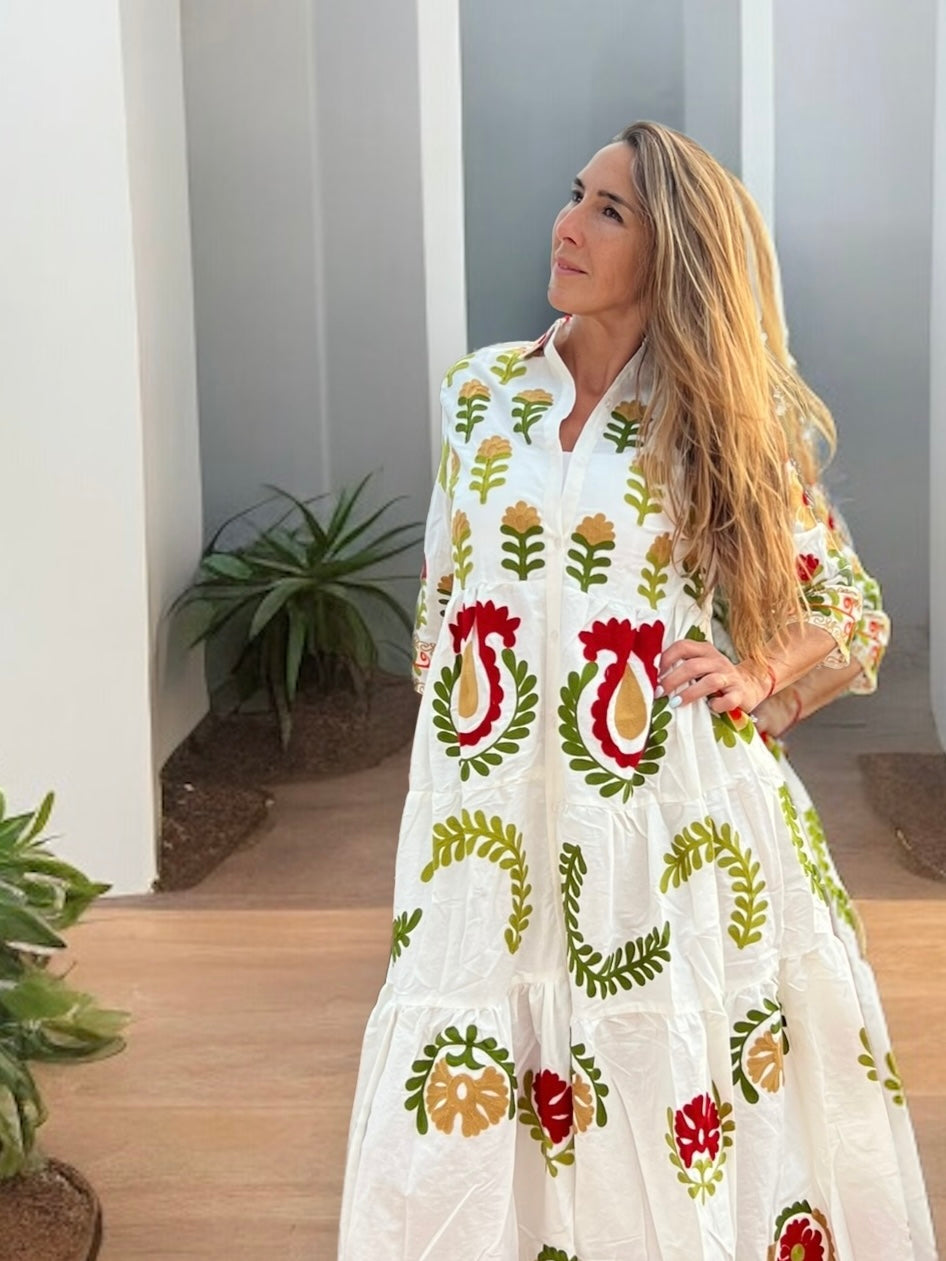 Vestido largo bordado estilo étnico – Talla única (ideal para talla M)