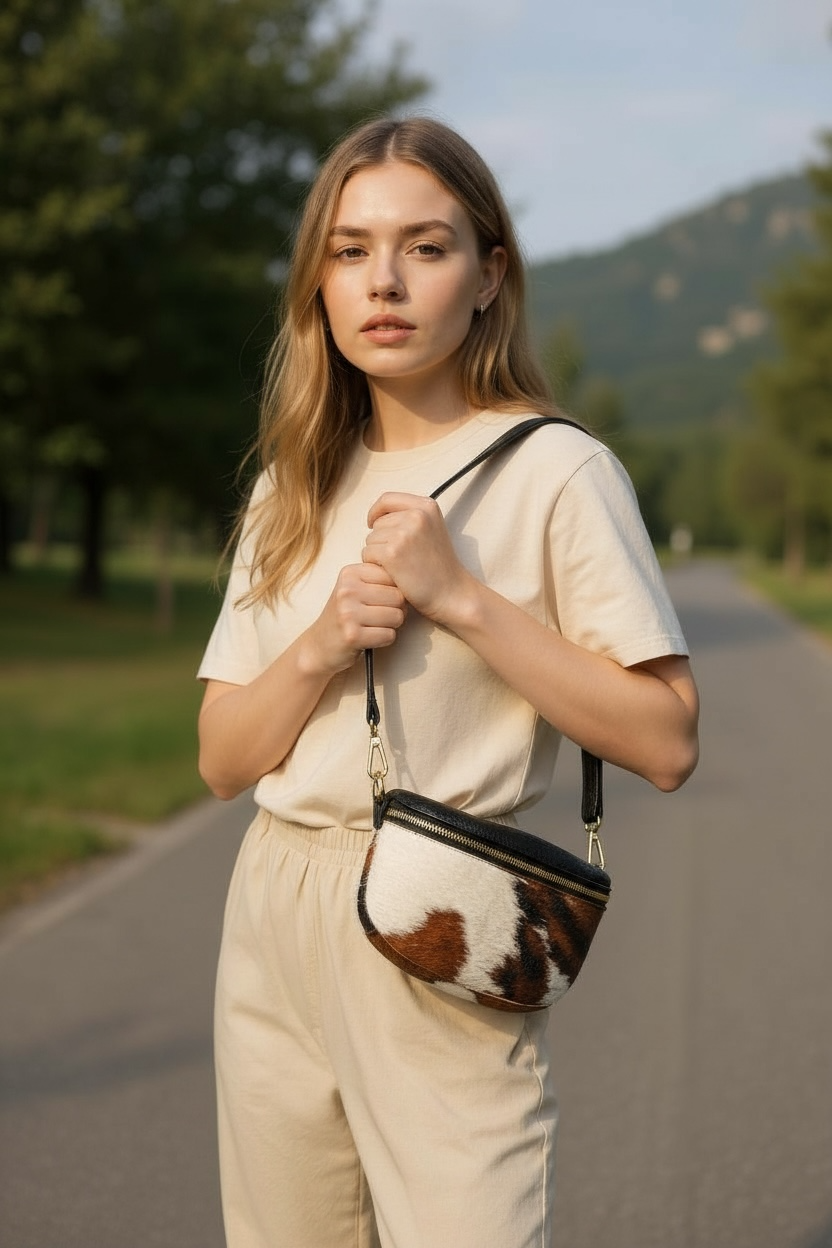 Bolso riñonera a bandolera de piel con pelo de vaca – Hecho en Italia