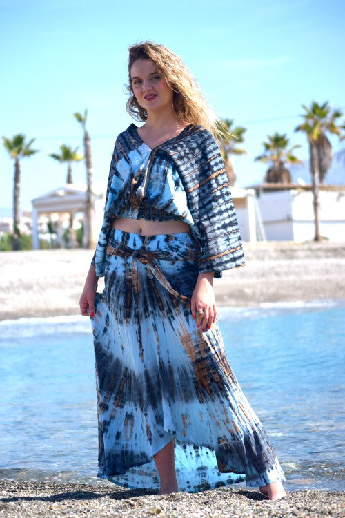 Falda Tie-Dye Asimétrica de rayón con Cinturón Fijo