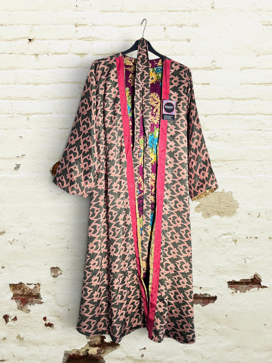 Kimono reversible largo de seda reciclada Atenea