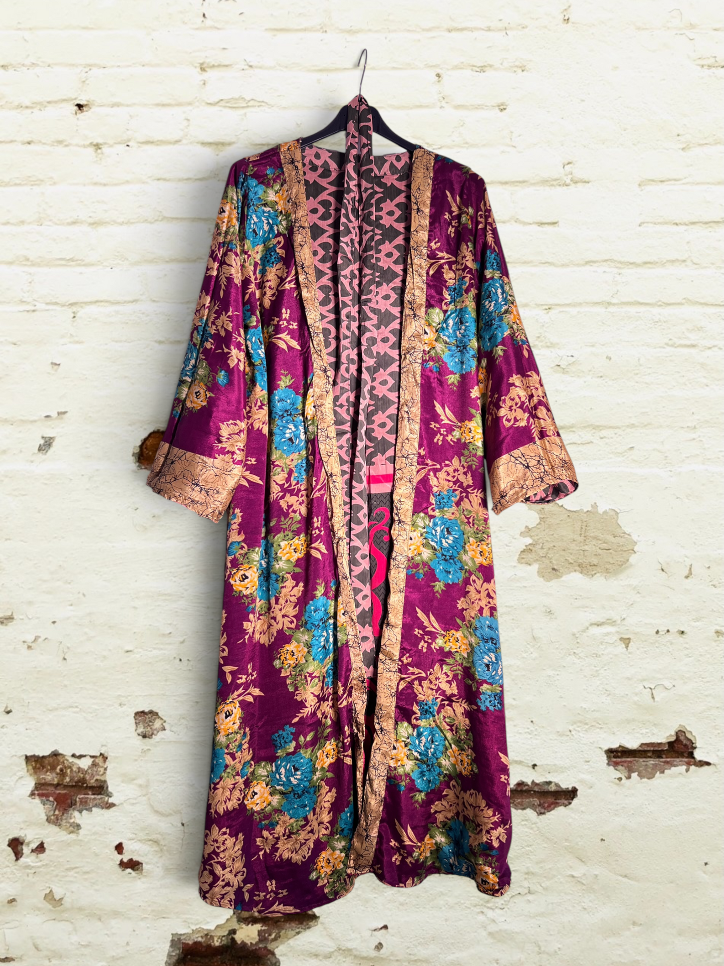 Kimono reversible largo de seda reciclada Atenea