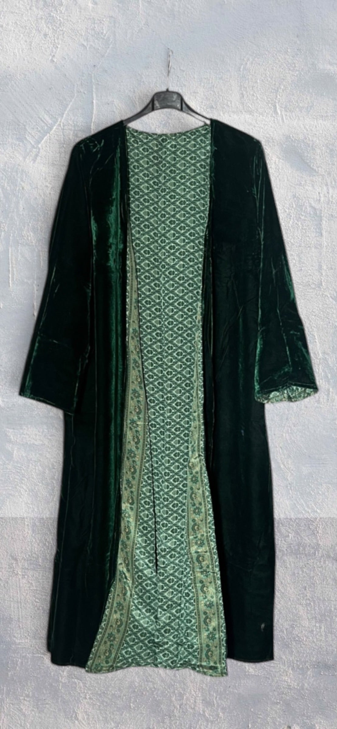 Kimono largo reversible de terciopelo y seda estampada Green Obsession