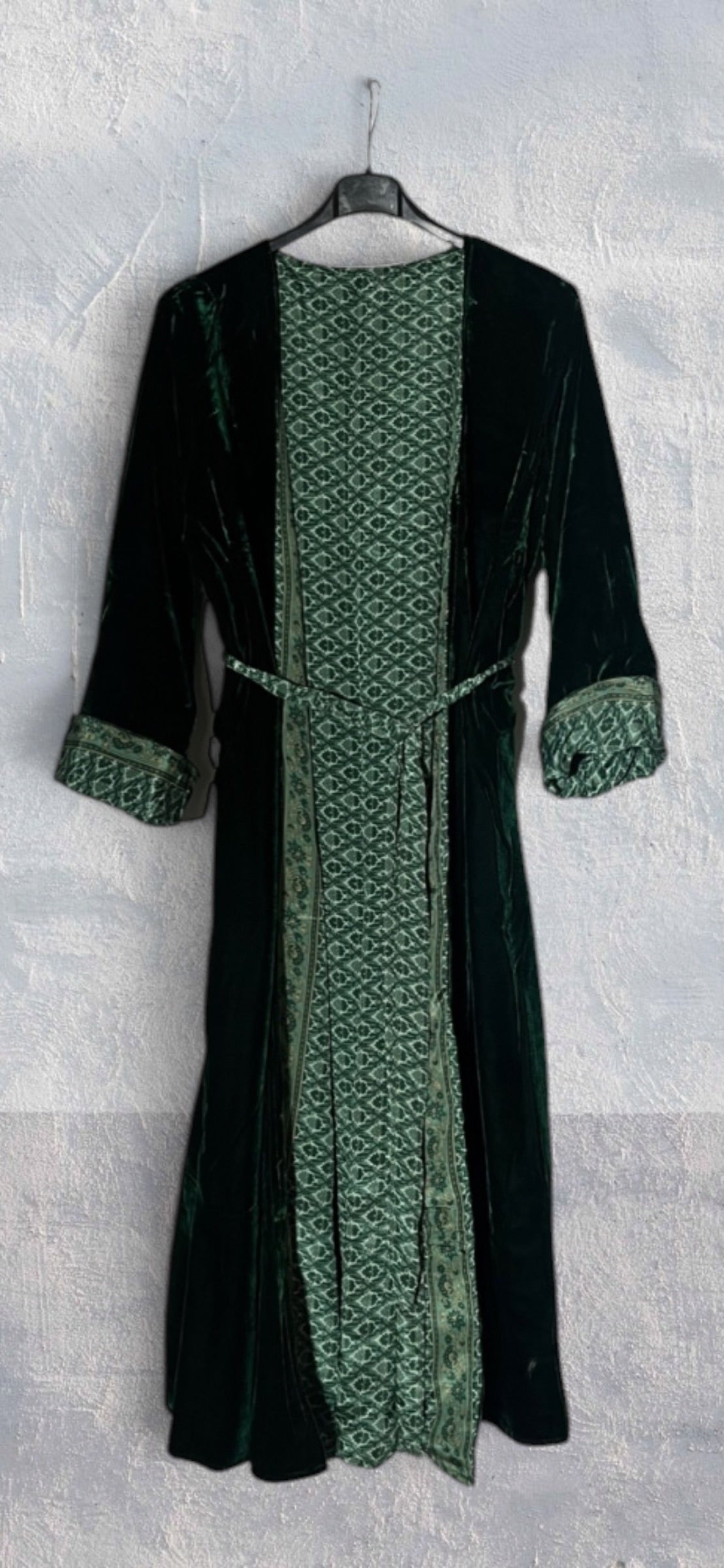 Kimono largo reversible de terciopelo y seda estampada Green Obsession