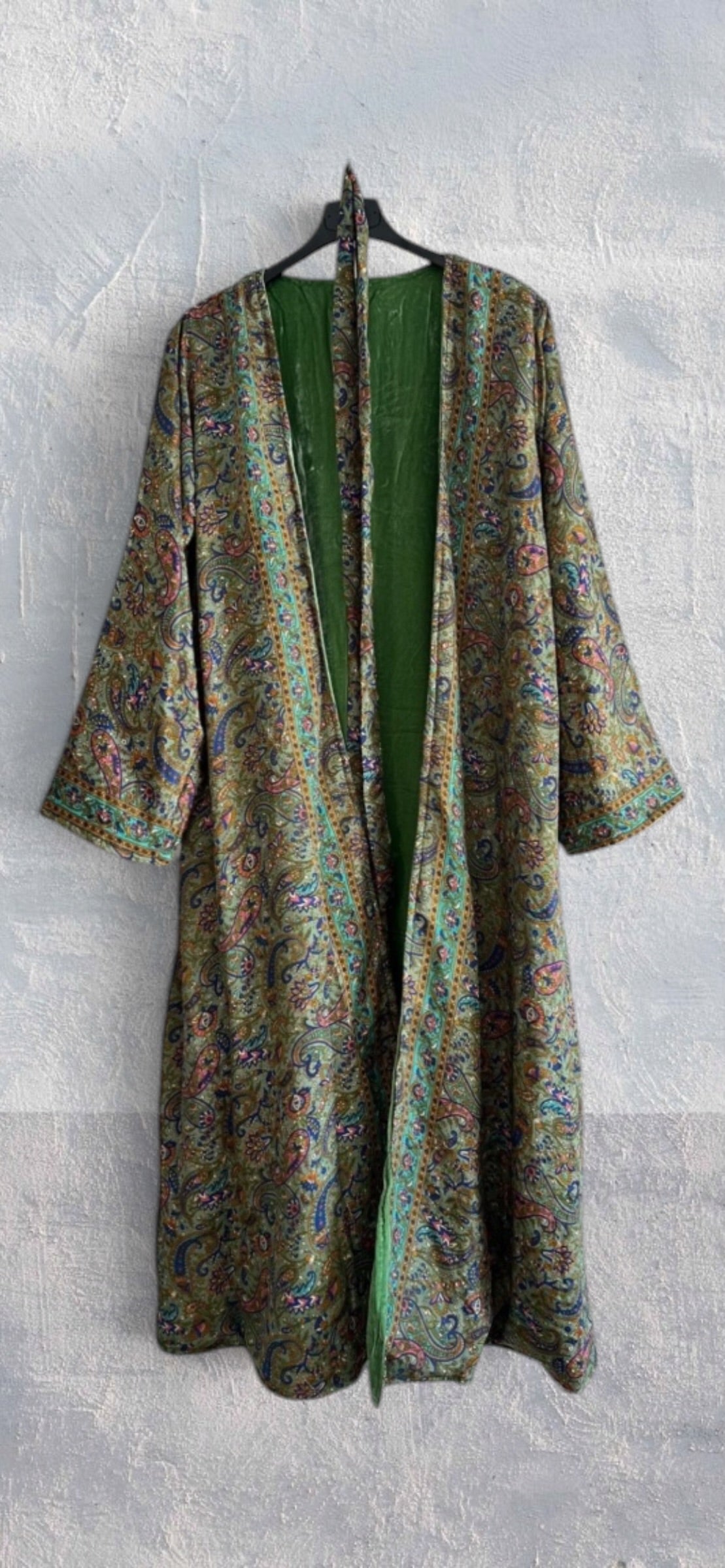 Kimono largo reversible de terciopelo y seda estampada Apple Glow