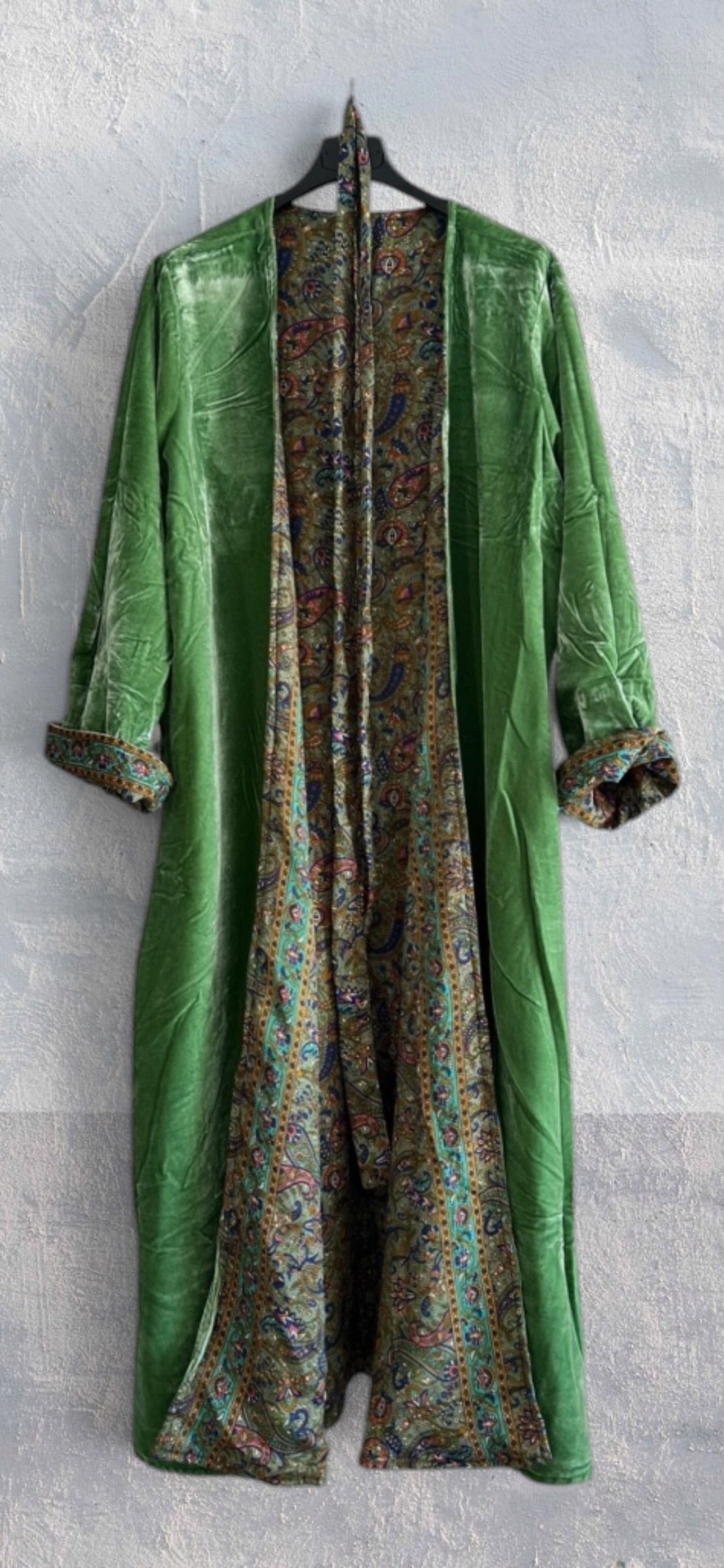 Kimono largo reversible de terciopelo y seda estampada Apple Glow