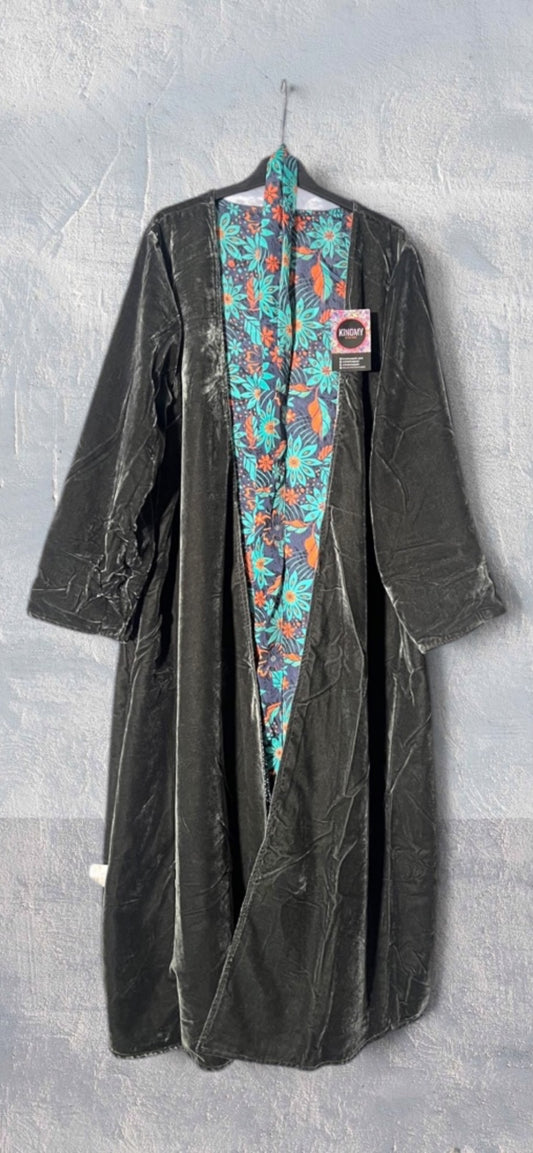 Kimono largo reversible de terciopelo y seda estampada Silver Moon