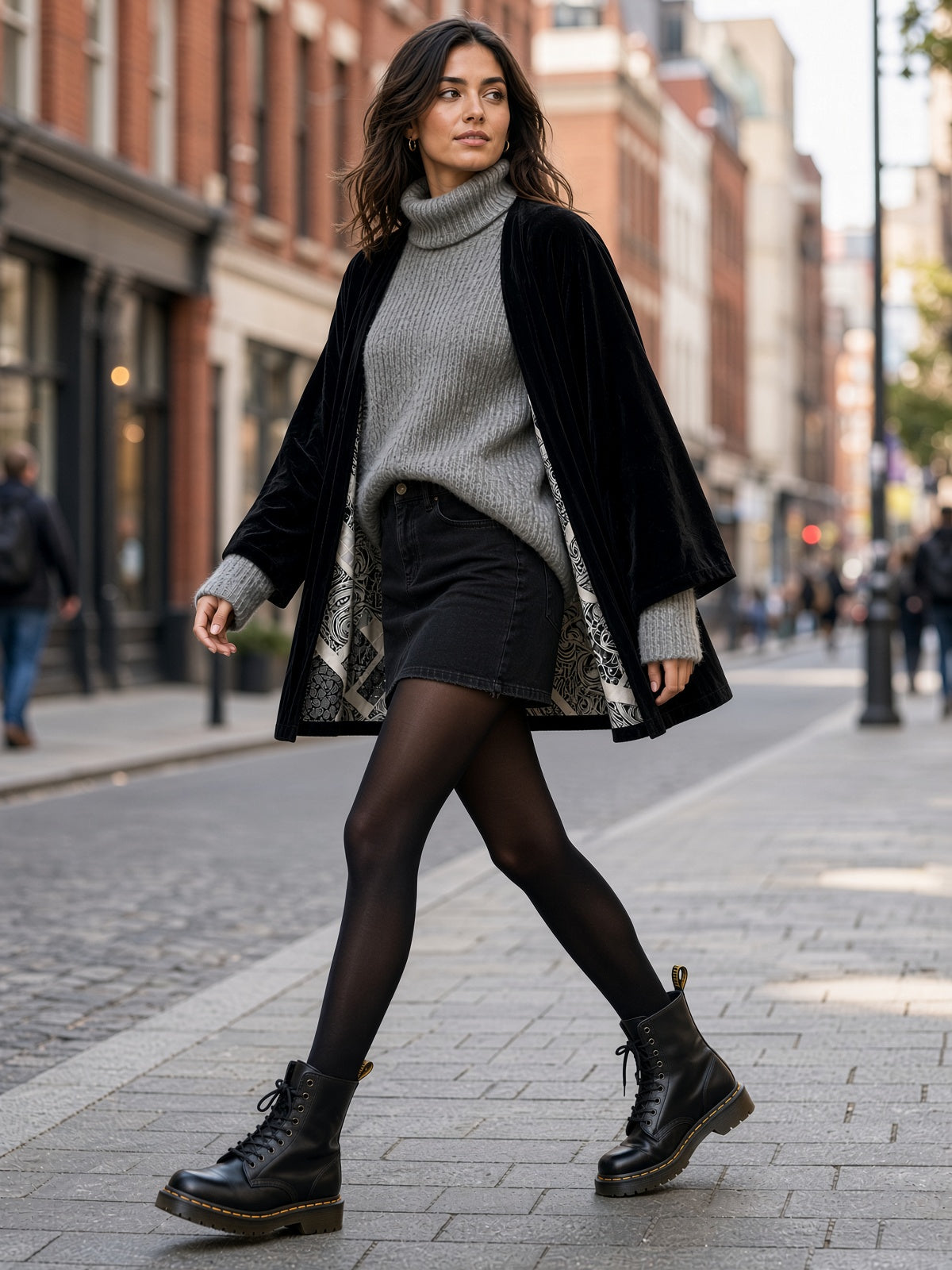 Kimono Corto Reversible – Terciopelo Negro & Seda Estampada