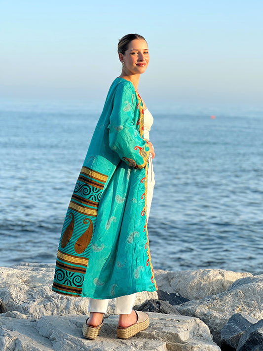 1 Kimono reversible de seda reciclada, XL  Agua