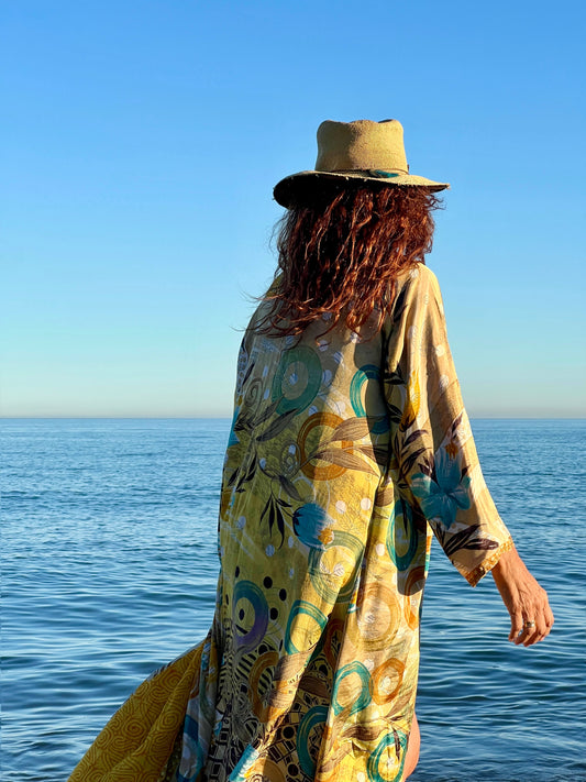 Kimono reversible largo de seda reciclada Mexico city