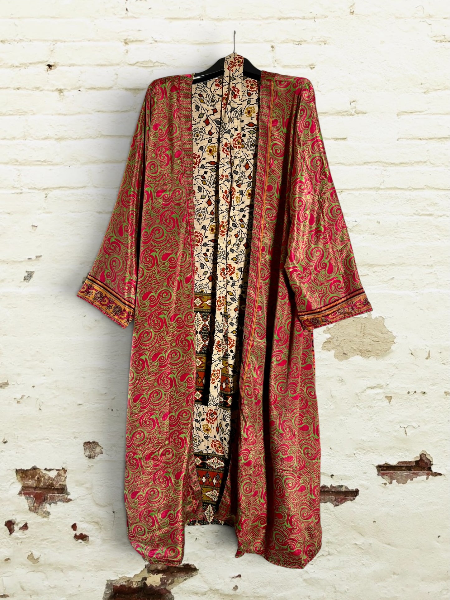 Kimono reversible largo de seda reciclada Atenea