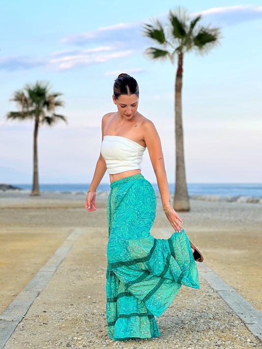 Pantalón Palazzo Tahiti con Detalles de Encaje Verde y Oro