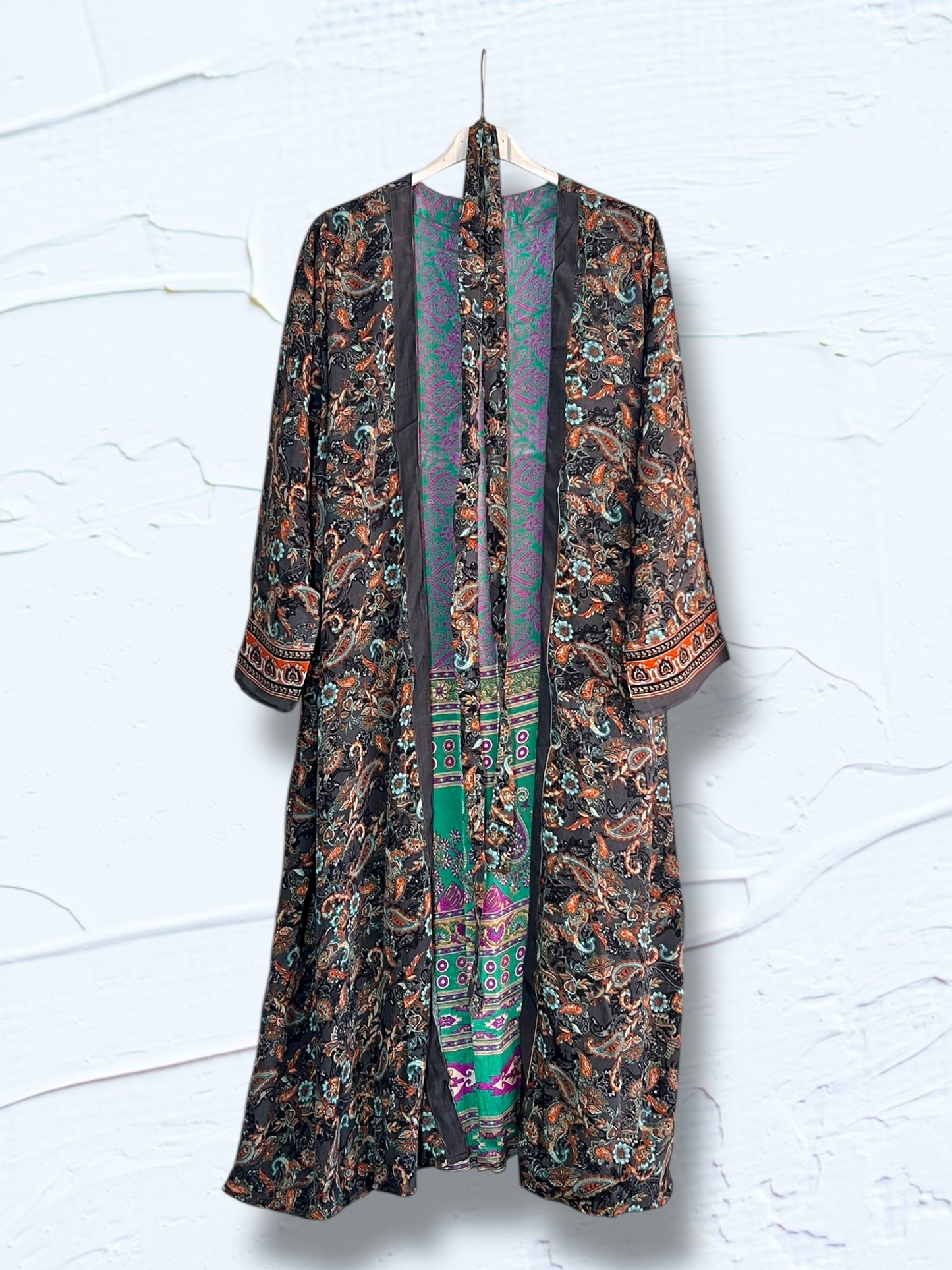 Kimono reversible largo de seda reciclada Paisley