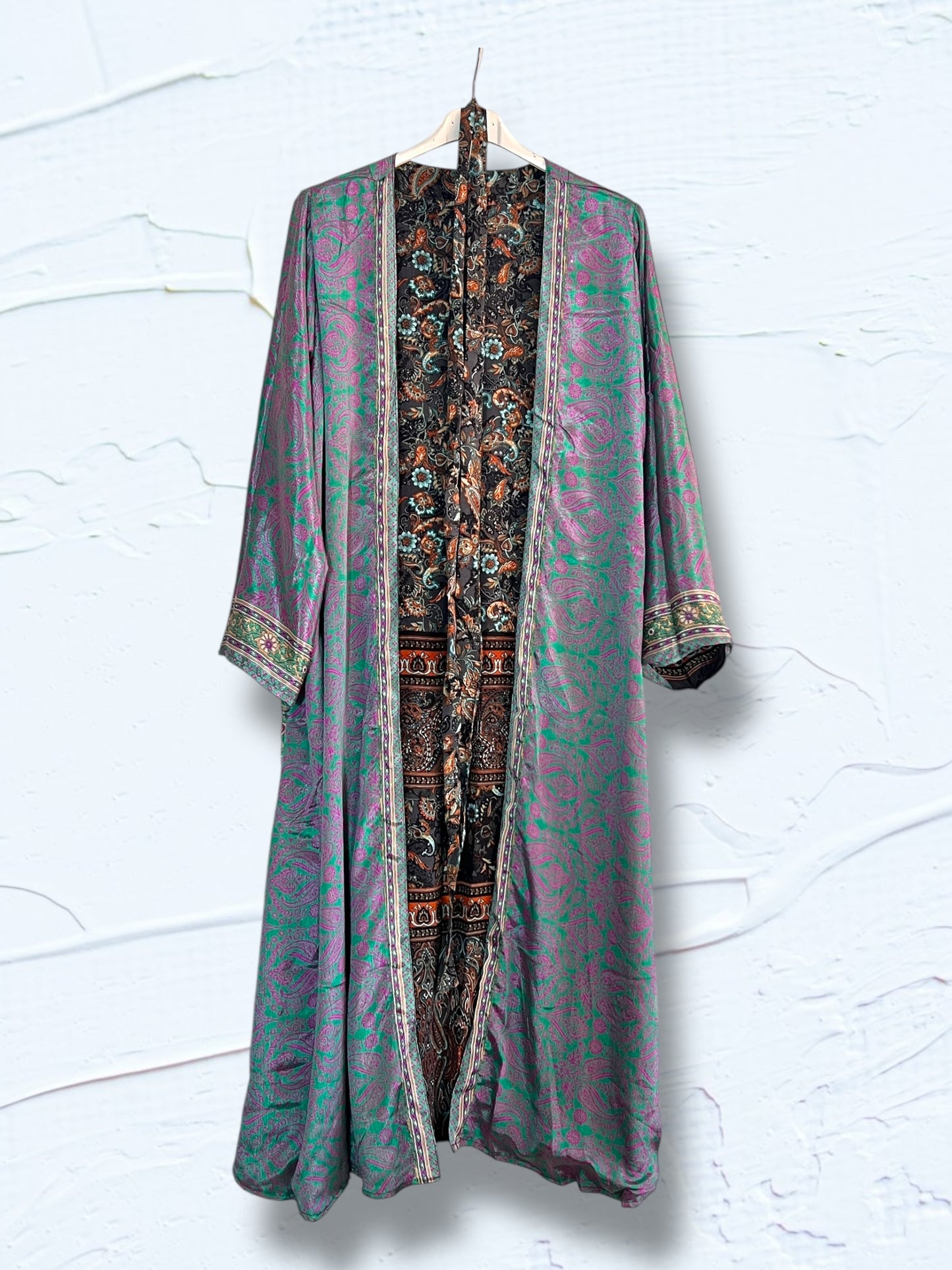 Kimono reversible largo de seda reciclada Paisley