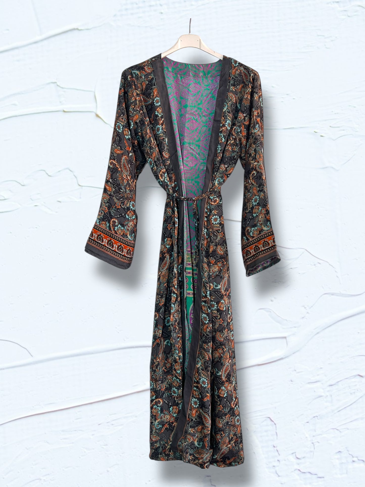 Kimono reversible largo de seda reciclada Paisley