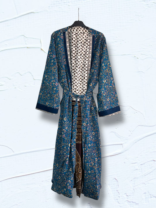 Kimono reversible largo de seda reciclada Liberty