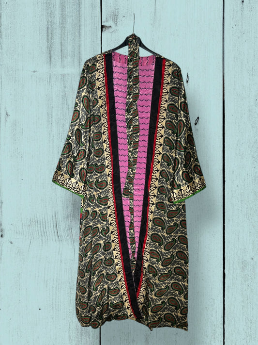 Kimono reversible largo de seda reciclada Love