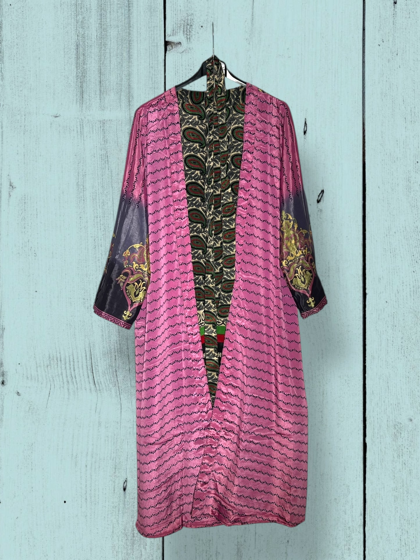 Kimono reversible largo de seda reciclada Love