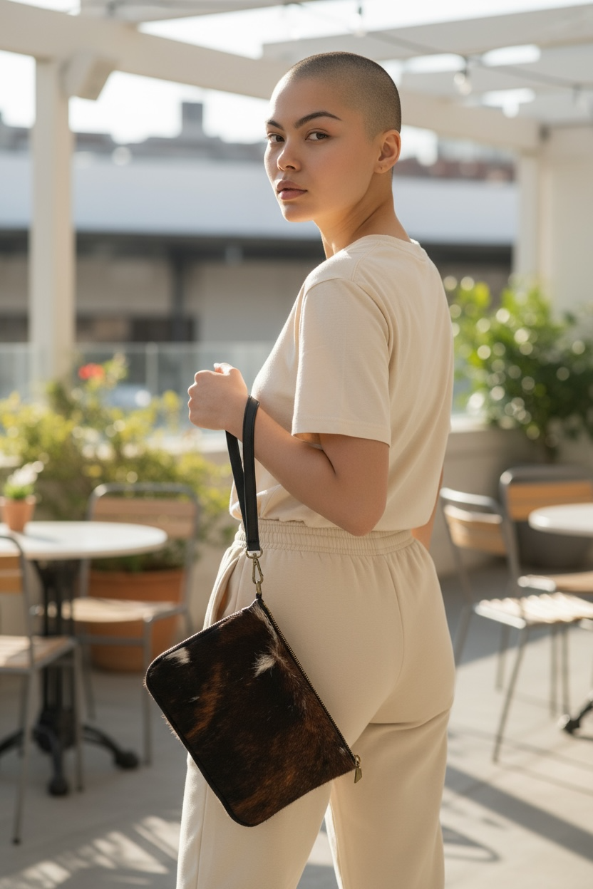 Bolso rectangular de piel negra con pelo de vaca – Hecho en Italia