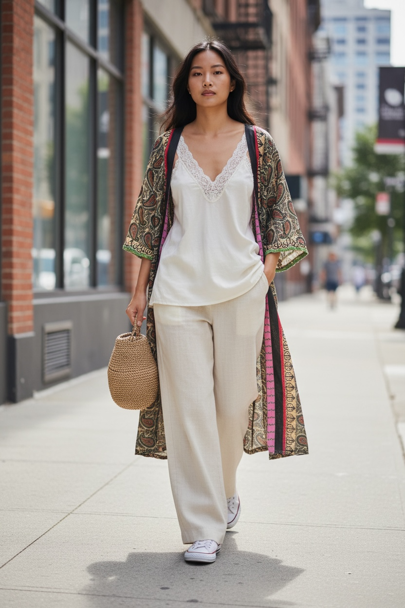 Kimono reversible largo de seda reciclada Love