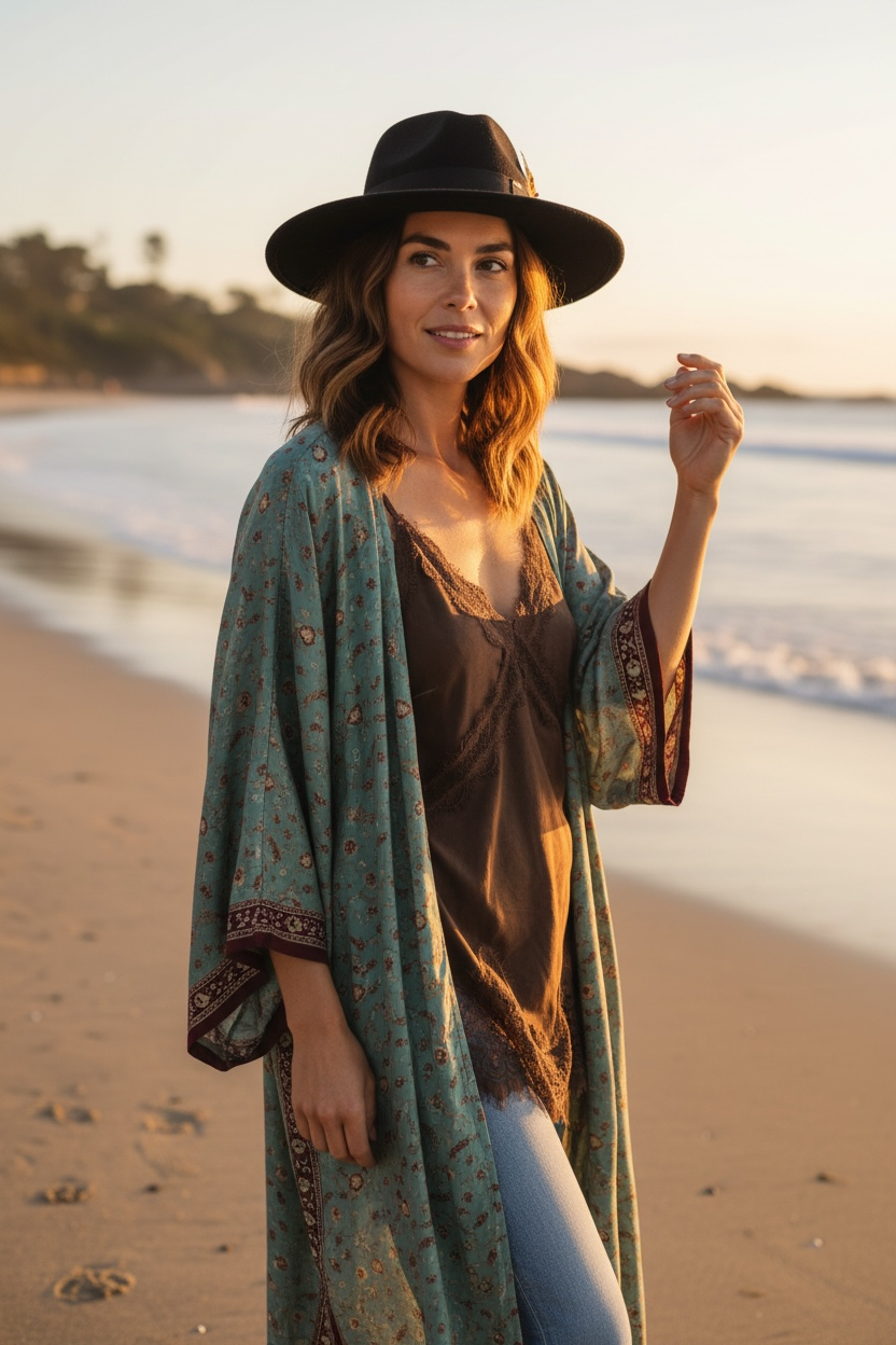 Kimono reversible largo de seda reciclada Cielo
