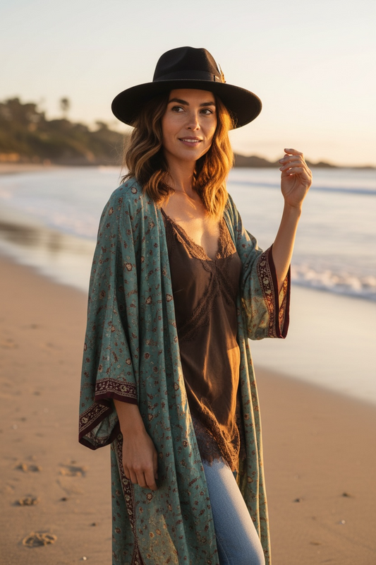 Kimono reversible largo de seda reciclada Cielo