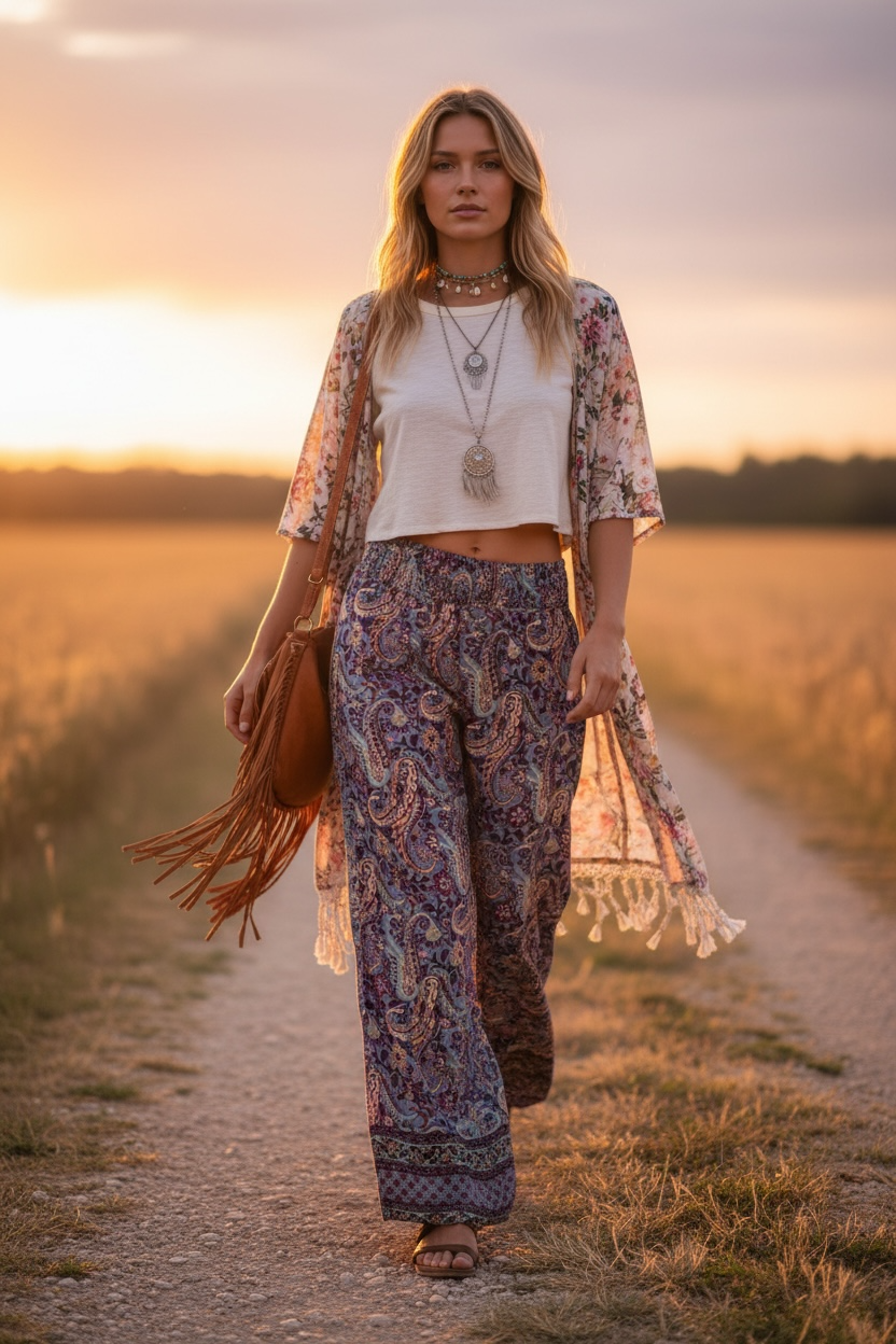 Pantalón Seda India Estampado – Talla Única, Corte Ancho