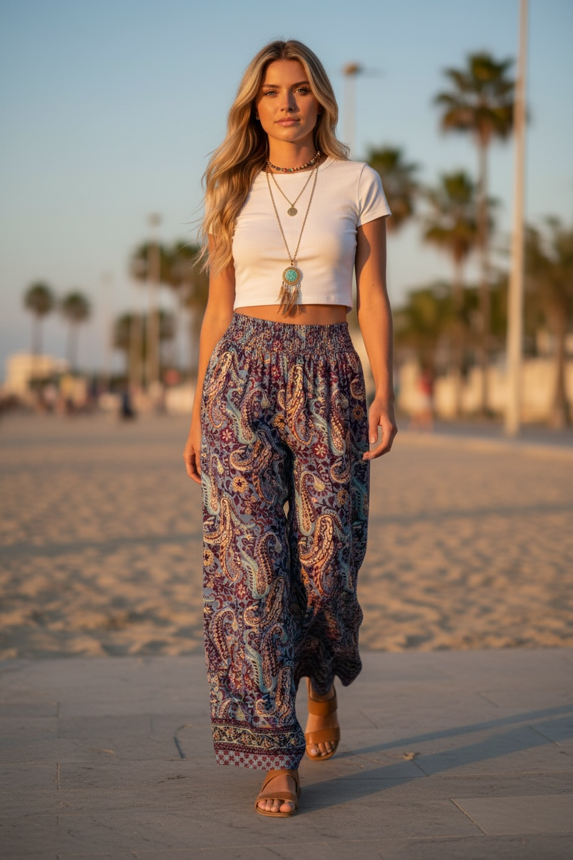 Pantalón Seda India Estampado – Talla Única, Corte Ancho