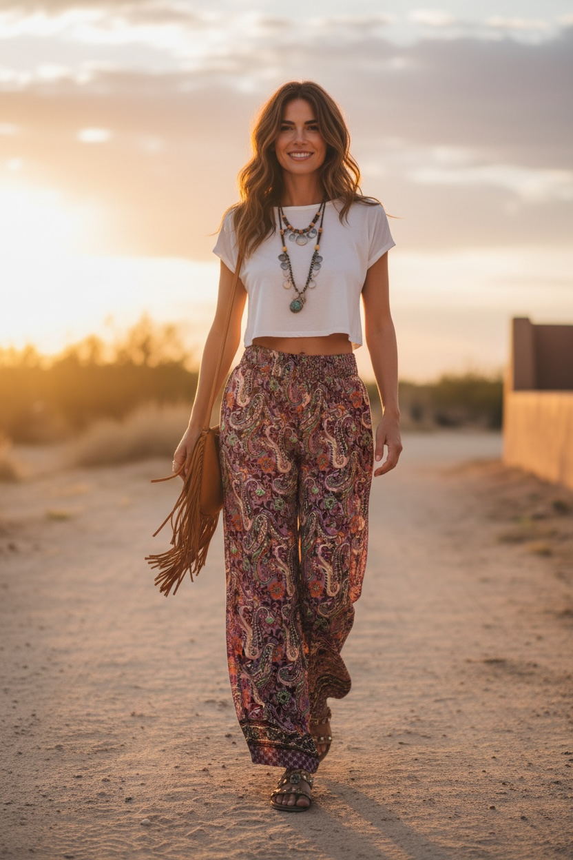 Pantalón Seda India Estampado – Talla Única, Corte Ancho