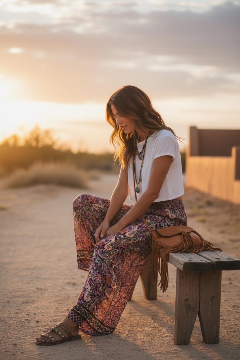 Pantalón Seda India Estampado – Talla Única, Corte Ancho