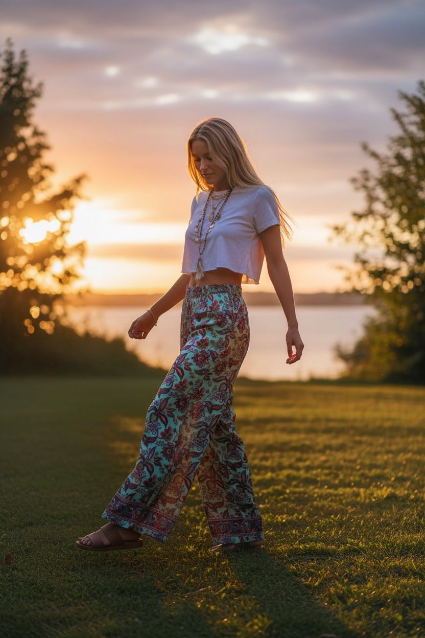 Pantalón Seda India Estampado – Talla Única, Corte Ancho