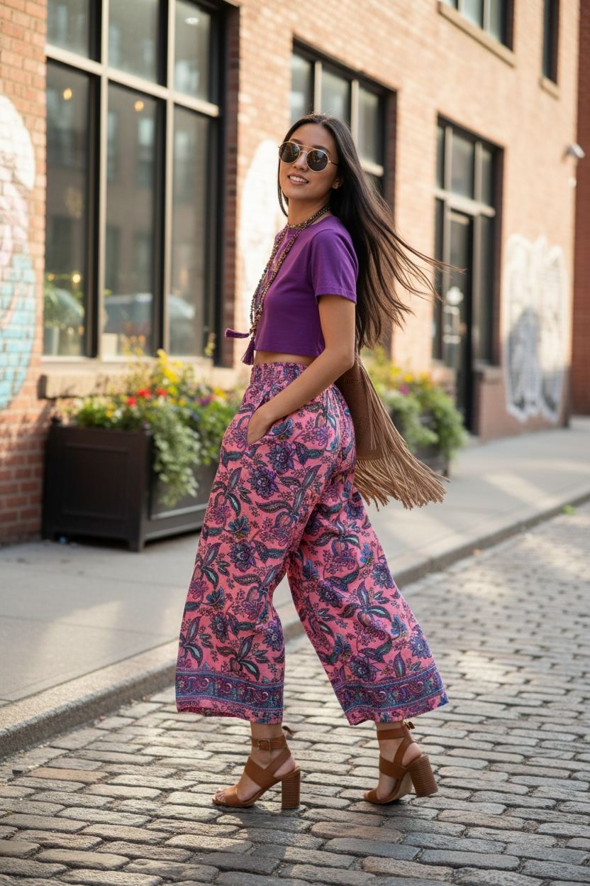 Pantalón Seda India Estampado – Talla Única, Corte Ancho