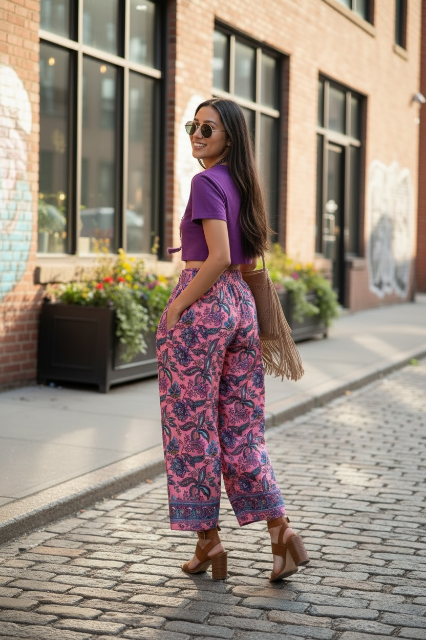 Pantalón Seda India Estampado – Talla Única, Corte Ancho
