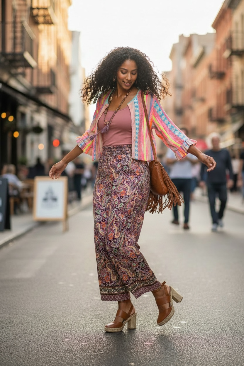 Pantalón Seda India Estampado – Talla Única, Corte Ancho