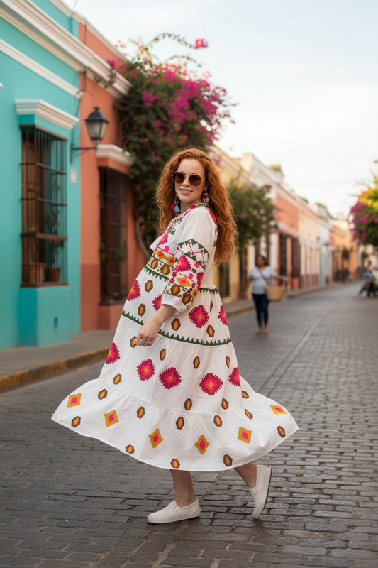 Vestido Puebla de algodón grueso bordado, hecho en India con inspiración mexican