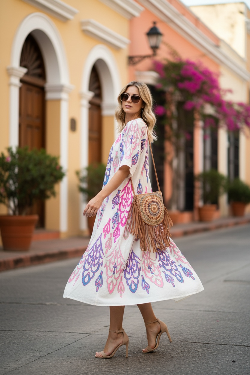 Vestido camisero Colombia, de algodón bordado • Talla única amplia • Botones invisibles