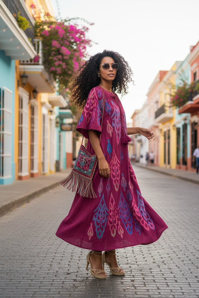 Vestido camisero Colombia, de algodón bordado • Talla única amplia • Botones invisibles