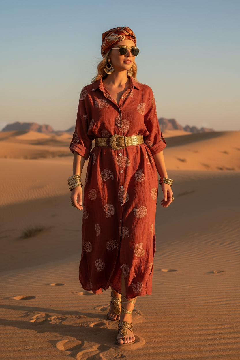 Vestido LISBOA, Camisero Largo en Algodón Blockprint
