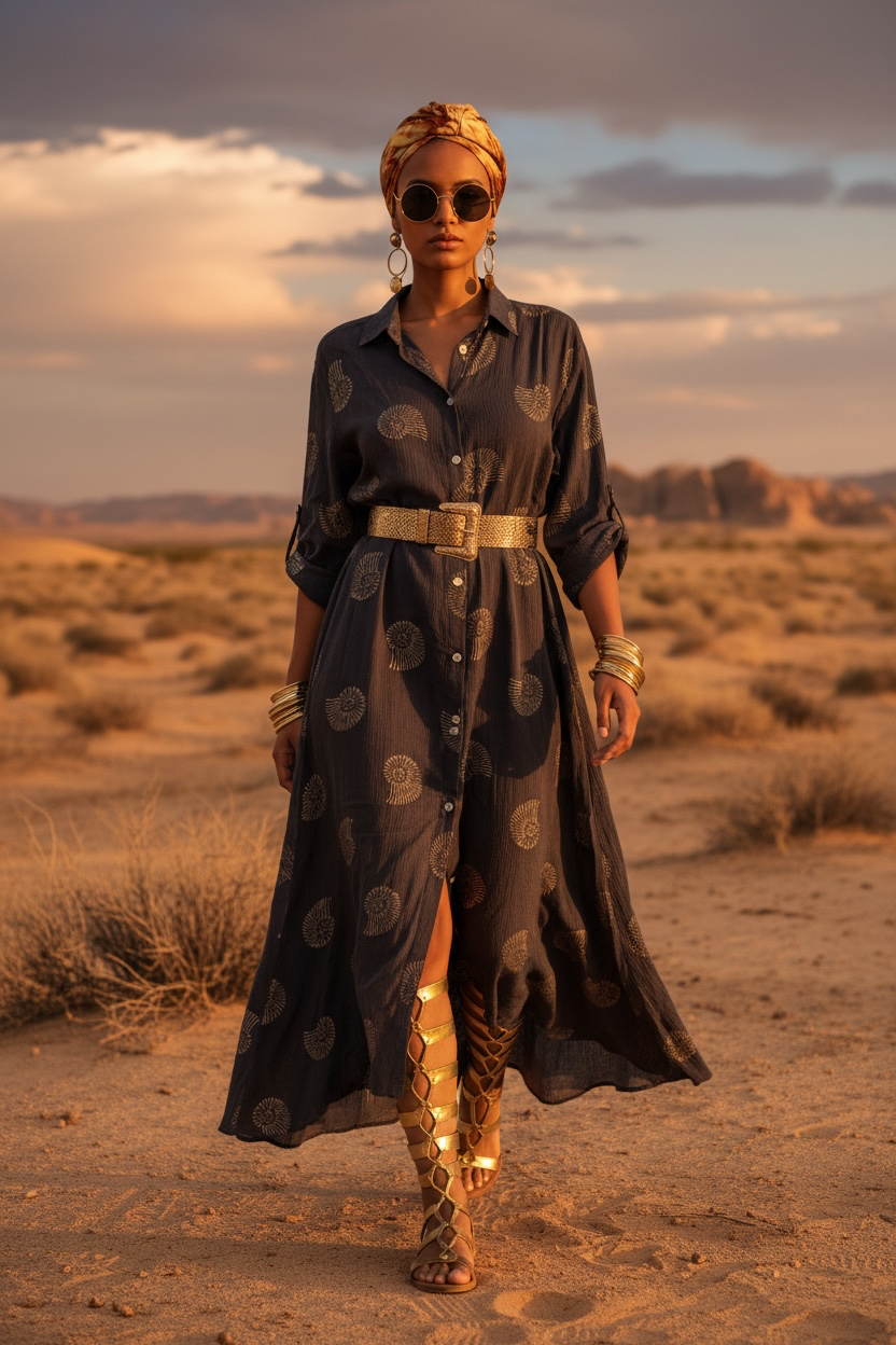 Vestido LISBOA, Camisero Largo en Algodón Blockprint